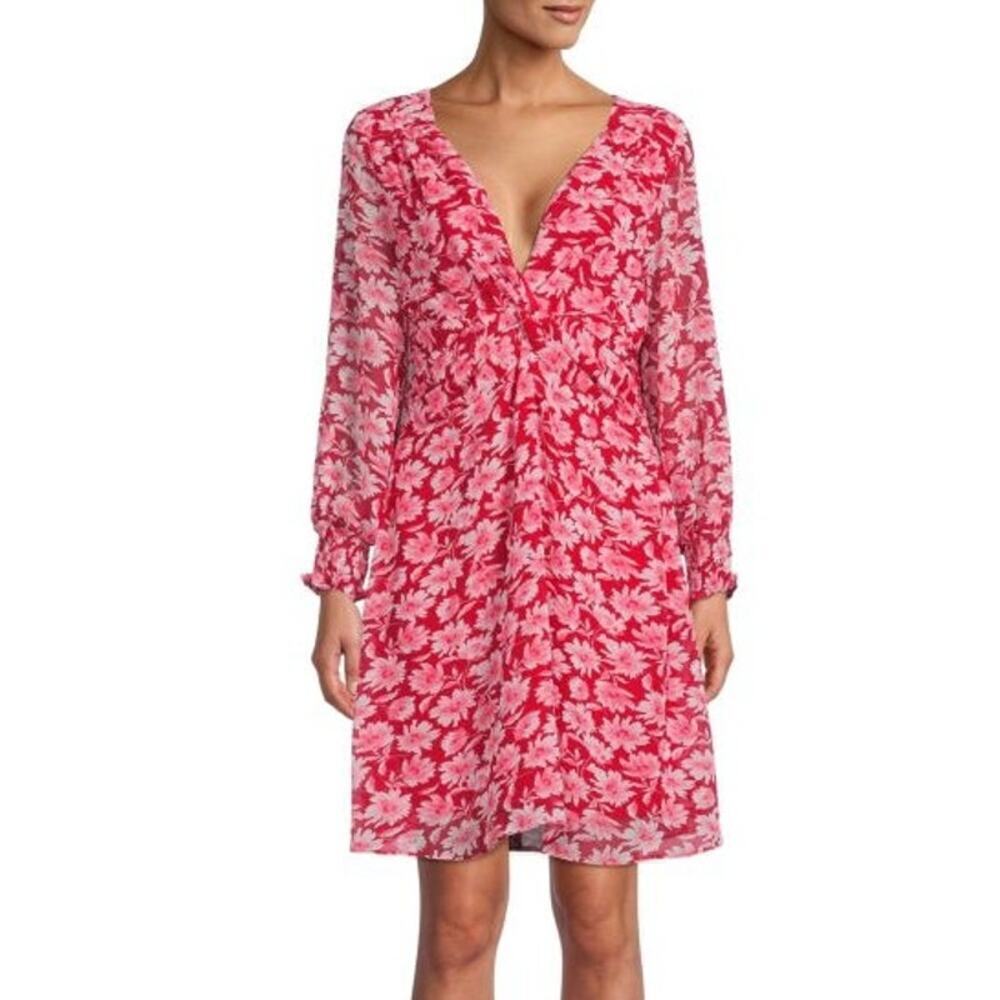 Julia Jordan Dress Floral Long Sleeve Tie Back Knee Length A Line Red Pink 8